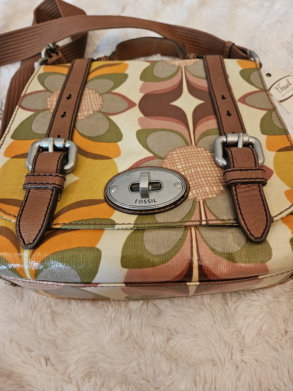 Fossil☆Key-Per☆Retro Floral Canvas Crossbody Bag in Brown and Mustard - Picture 2 of 13